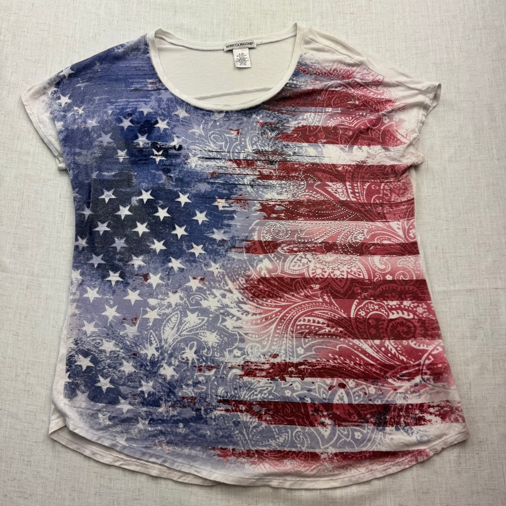 Rebecca Malone American Flag Paisley Rhinestone Top Large Red White Blue Flag